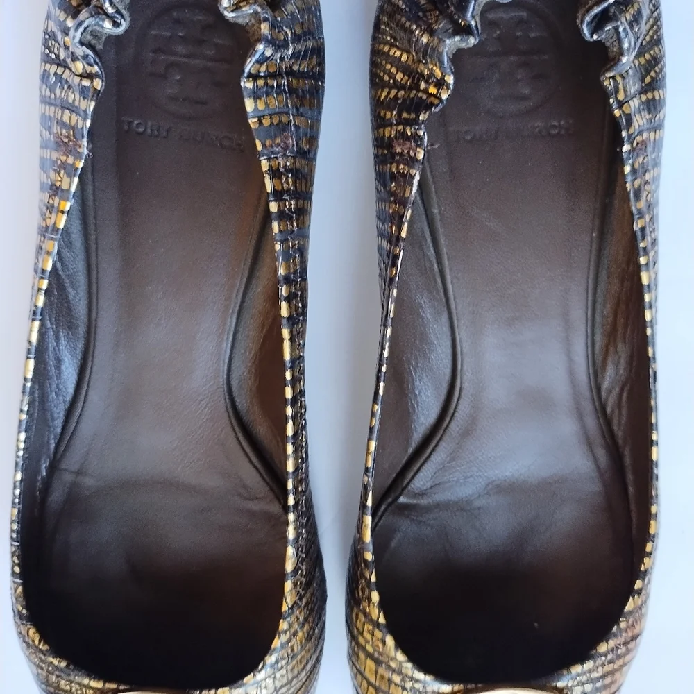 Tory Burch Gold/Bronze Reva Metallic Lizard Reva Ballet Flat Metal Logo Size 8.5 - Picture 5 of 15